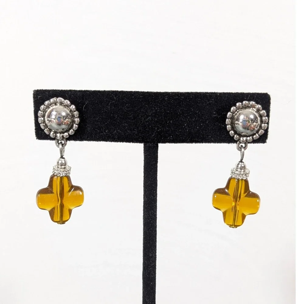 Amber Tone Acrylic Cross Dangle Earrings Lightweight Pierced